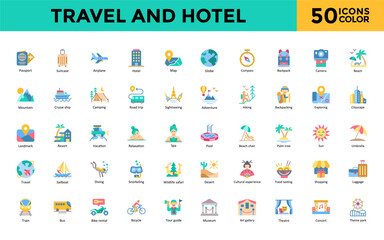 Travel and Hotel icon set with passport, suitcase, airplane, hotel, map, globe, compass, backpack, camera, beach icon. Simple flat color vector 
