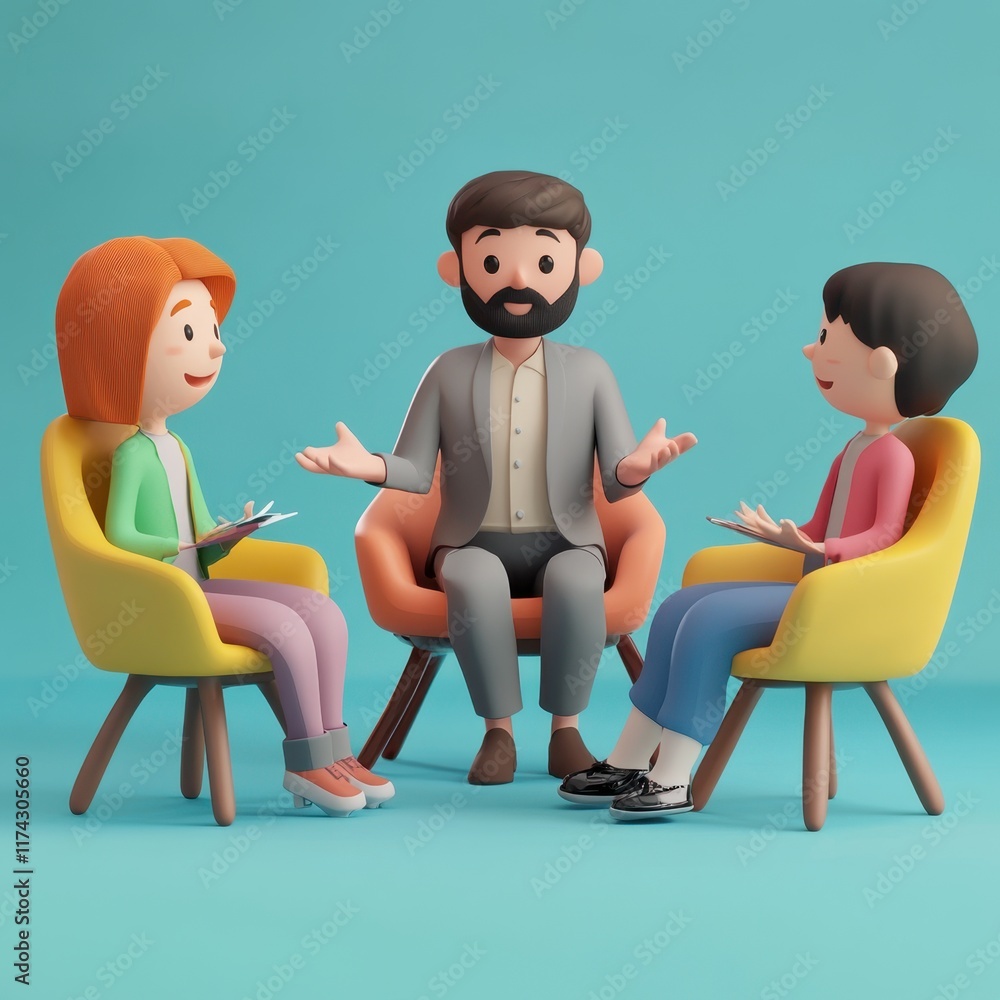 Poster 3d render of a business meeting: cartoon characters discuss projects in a modern setting