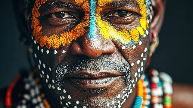 Portrait of a Tribal Man: Close-up portrait of a man with vibrant traditional face paint and colorful beaded necklaces.  His gaze is intense and captivating.