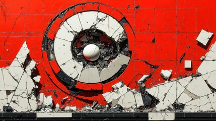 A striking image of a shattered circular design against a vibrant red background.