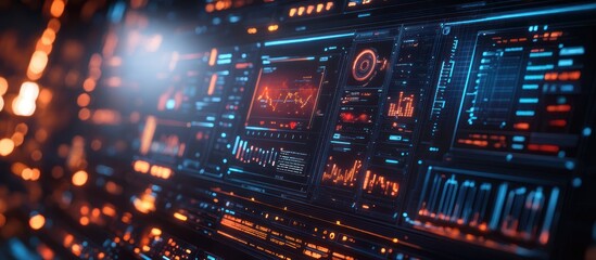 Obraz premium Futuristic digital interface with blue and orange lights, showing graphs and charts.