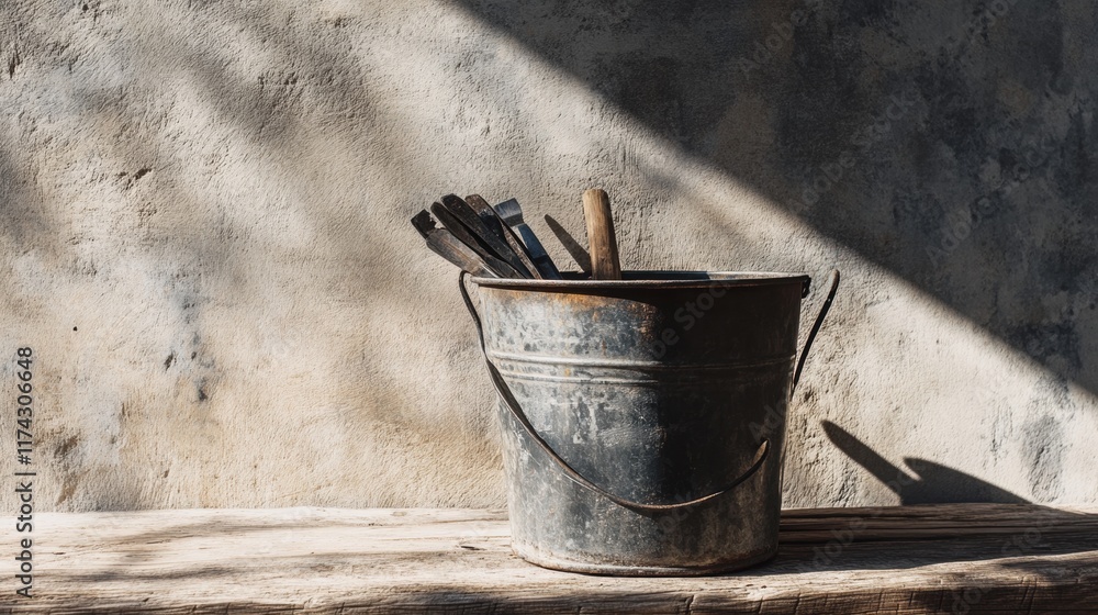 Poster a weathered bucket holds various tools, casting shadows on a rustic surface, highlighting the interp