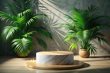 Obraz premium Marble Pedestal, Green Twigs, Tropical Shadow, Product Presentation