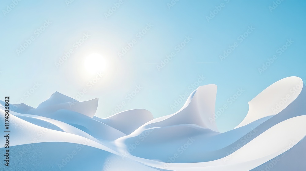Poster a 3d render of minimalist white shapes set against a bright blue sky, with the sun in the background
