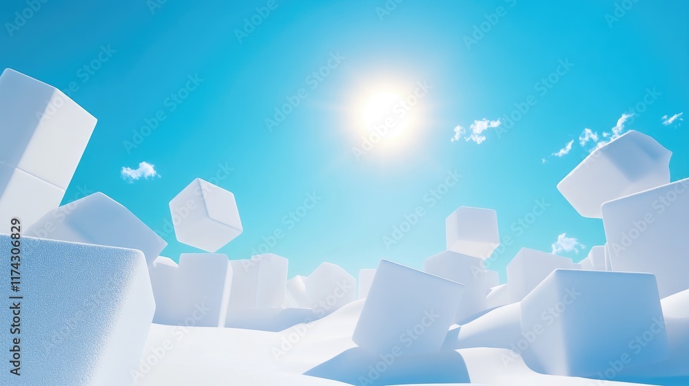 Poster a 3d render of minimalist white shapes set against a bright blue sky, with the sun in the background