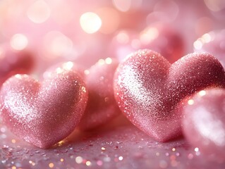 Obraz premium Sparkling Red and Pink Hearts on Blurred Dreamy Bokeh Background for Valentine s Day