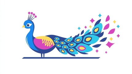 Colorful peacock illustration with vibrant feathers and artistic design on a white isolated background.