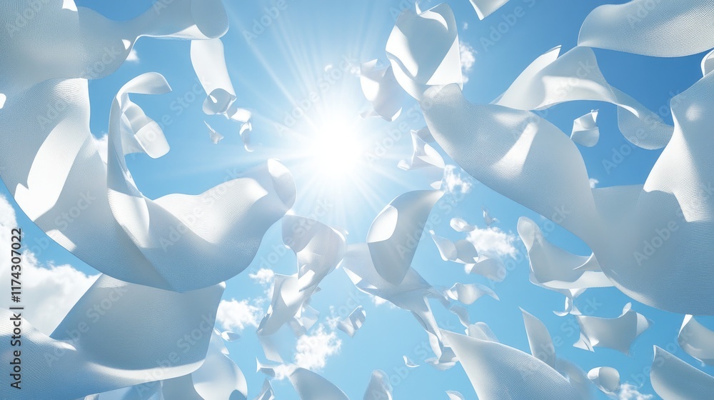 Poster A 3D render of white abstract shapes floating in the air with a bright blue sky and the sun shining, creating a serene and artistic scene