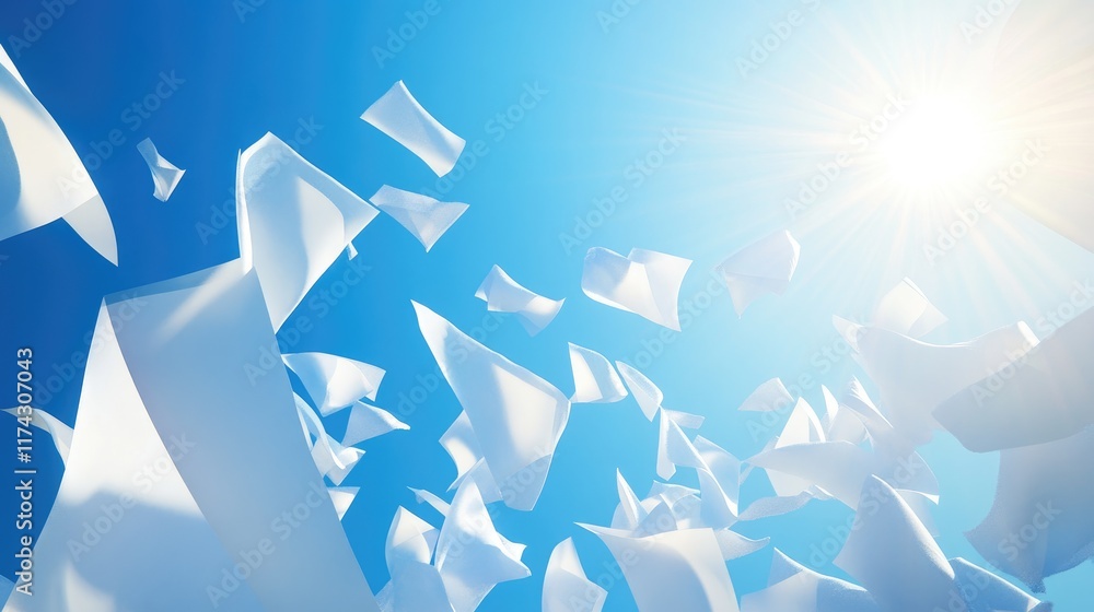 Poster a 3d render of white abstract shapes floating in the air with a bright blue sky and the sun shining,