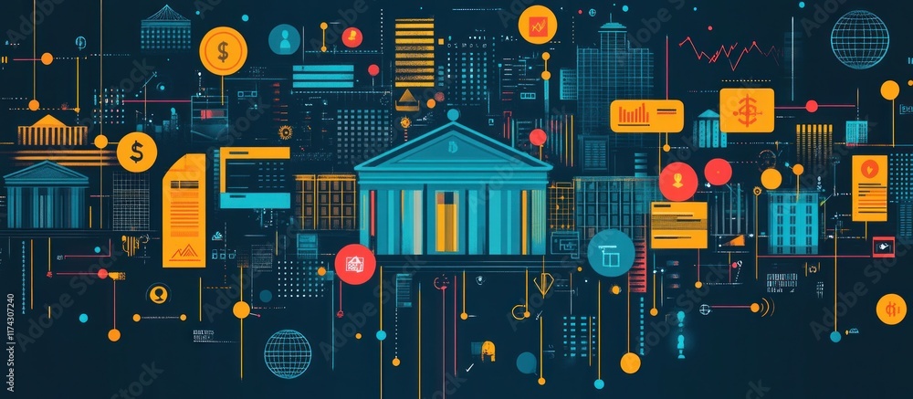 Poster abstract graphic design with building and financial icons and elements in dark blue background with 