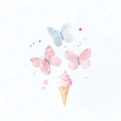 Beautiful watercolor composition of butterflies around an ice cream cone on a white background.