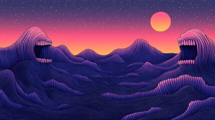 Stunning surreal landscape depicting a nighttime scene with ethereal undulating mountain ridges under a glowing colorful moon and a starry sky  Dramatic fantasy inspired digital art
