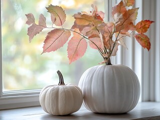 Festive Autumn Border with Pumpkins and Colorful Fall Leaves Arranged on a White Background for Seasonal Designs and Thanksgiving Themes