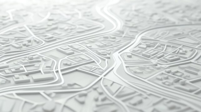 A 3D visualization of a city map in white, featuring roads and buildings in a minimalistic layout, perfect for urban planning and design visualization