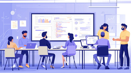 A group of people are working together in a room with a large screen on the wall