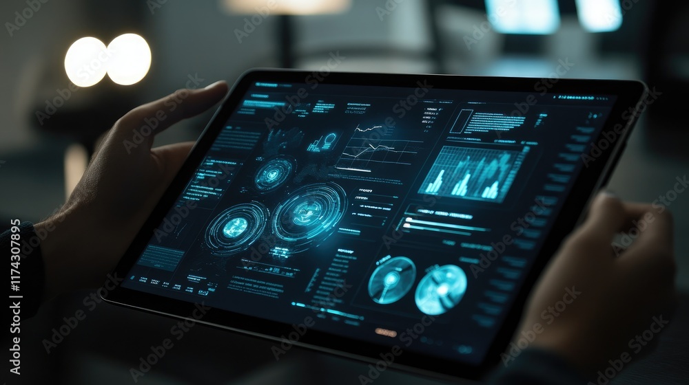 Poster hands holding tablet device showing futuristic data analytics screen