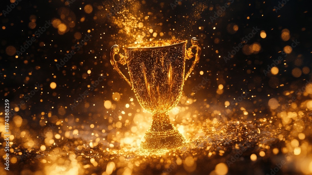 Poster glittering golden trophy with sparkling bokeh background