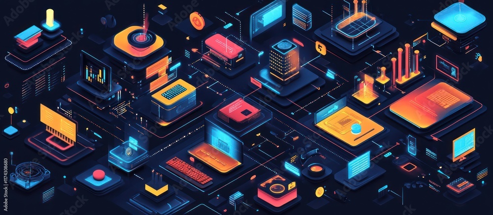 Poster abstract isometric illustration of a complex network of interconnected devices and technologies, fea