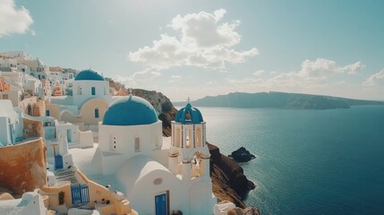 A breathtaking view of the white buildings and blue domes of Santorini, Greece, overlooking the sparkling sea, creating a serene and picturesque travel destination
