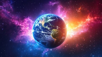 Obraz premium Stunning View of Earth Surrounded by Cosmic Nebula and Stars