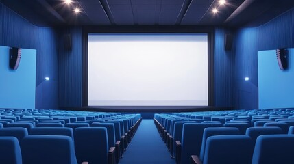 Fototapeta premium Empty of cinema in blue color with white blank screen. Mockup of hall, no people and auditorium.