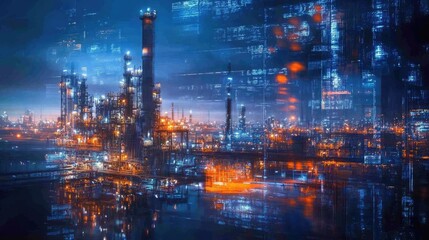 A captivating oil refinery scene at night, with blurred blue and orange lights highlighting the complex machinery and large structures in a vivid industrial glow