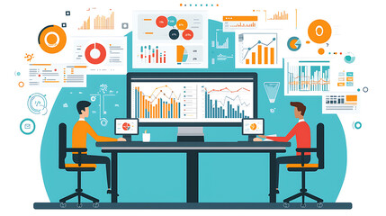 Two men are sitting at a desk with multiple computer monitors and a large screen