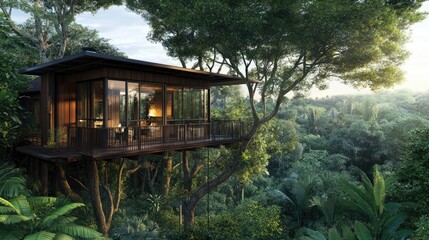 A charming treehouse nestled in a lush green tree, featuring a rustic wooden design with a balcony offering a scenic view of the surrounding forest