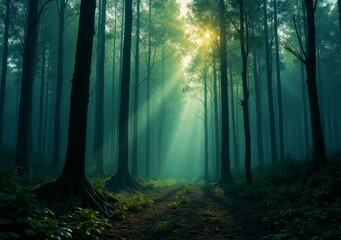 Misty forest trails with sunlight filtering through tall trees in early morning