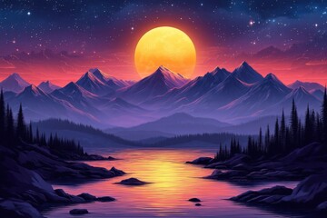Serene sunset over majestic mountains reflected in a calm lake under a large full moon and starry night sky.