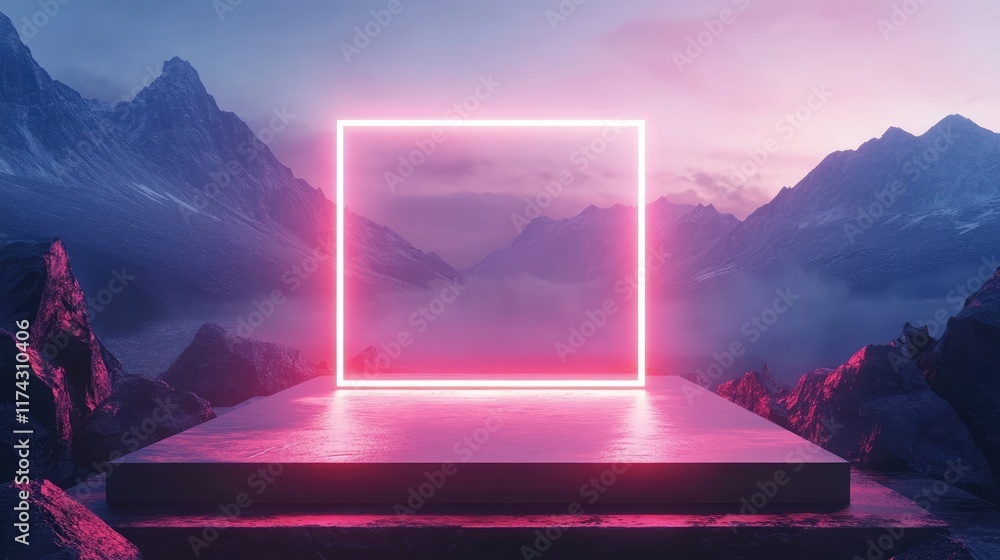 Poster Empty podium for product display with glowing neon square frame against backdrop with mountains range. Abstract futuristic background