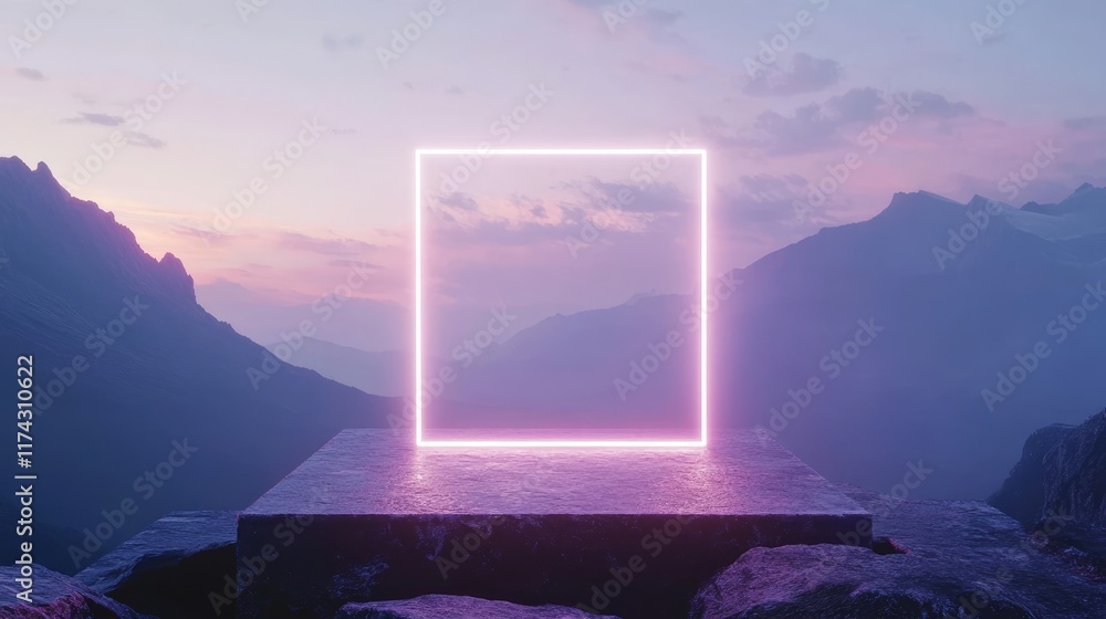 Poster empty podium for product display with glowing neon square frame against backdrop with mountains rang