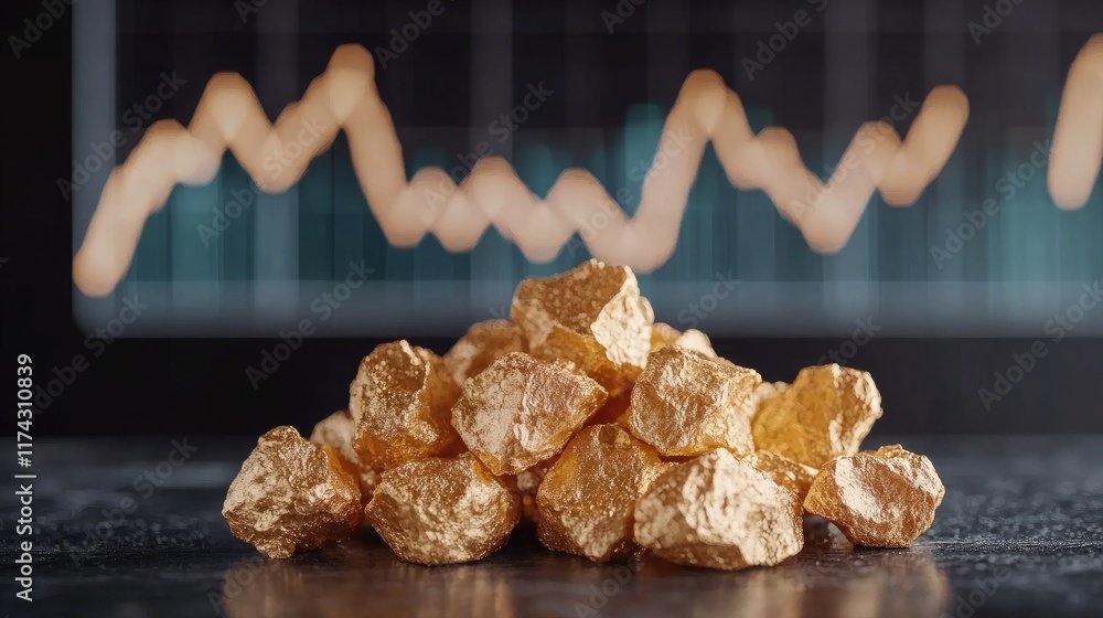 Poster A close-up of gold nuggets stacked on a dark surface, with a fluctuating line graph in the background, suggesting gold market trends and investment potential