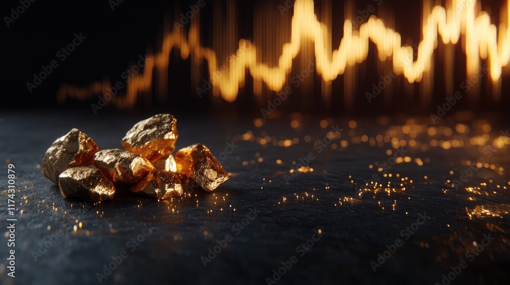 Poster A close-up of gold nuggets stacked on a dark surface, with a fluctuating line graph in the background, suggesting gold market trends and investment potential