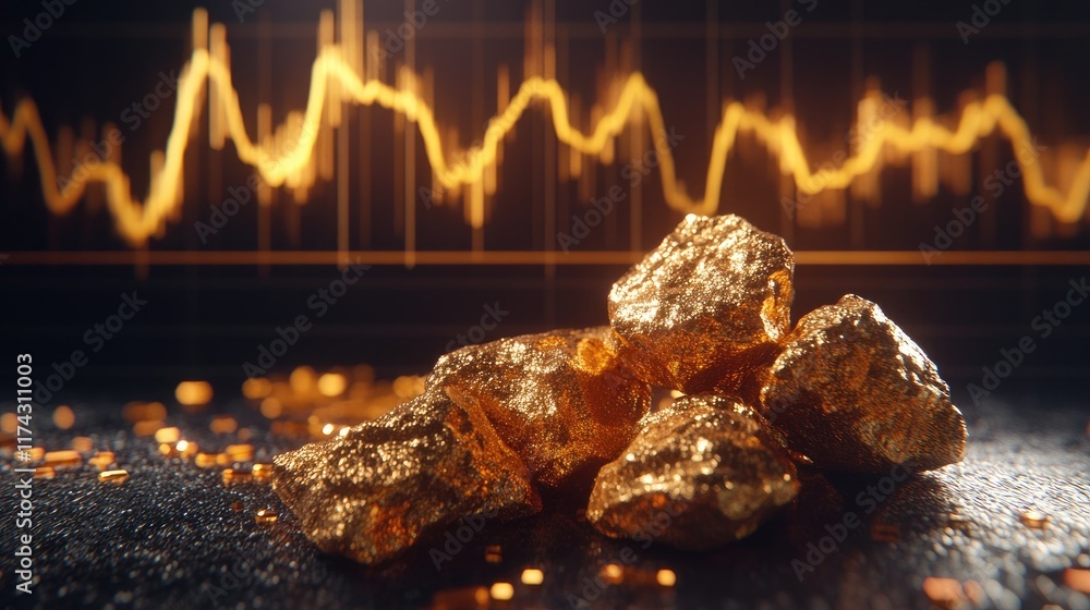 Poster A close-up of gold nuggets stacked on a dark surface, with a fluctuating line graph in the background, suggesting gold market trends and investment potential
