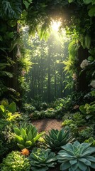 Fototapeta premium Sunlit path through lush green foliage and trees in a vibrant garden.
