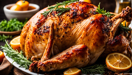 close up of a roasted turkey with herbs