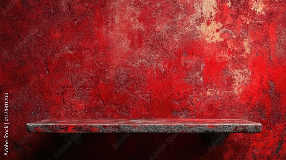 Poster empty red old textured background and stand display or shelf with studio for showing or design chris