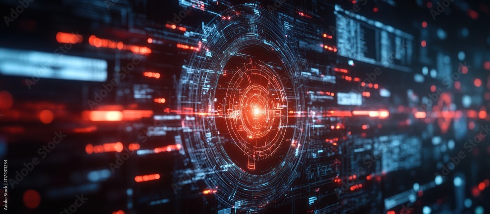 Poster abstract digital technology background with glowing lines and circles.