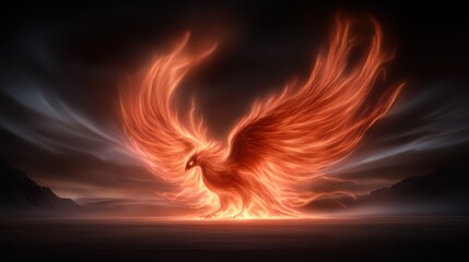Fototapeta premium Majestic fiery phoenix soaring against dramatic dark sky