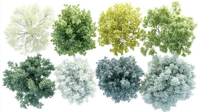 Eight diverse treetop views ideal for architectural renderings or landscape design. Varying colors and textures offer realistic nature integration into projects.