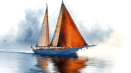 Fototapeta premium Classic sailboat sailing on calm sea under cloudy sky.