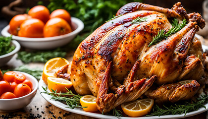 close up of a roasted turkey with herbs