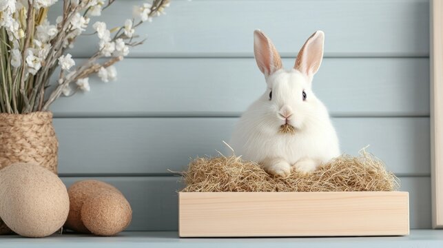 Cute white rabbit resting on hay in wooden box near decorative eggs and flowers
