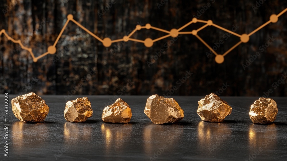 Poster A collection of gold nuggets displayed on a dark surface, with a fluctuating line graph overlay, symbolizing the changing trends in the gold market and investment analysis
