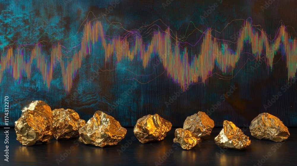 Poster a collection of gold nuggets displayed on a dark surface, with a fluctuating line graph overlay, sym