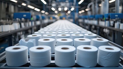 Obraz premium A behind-the-scenes look at automated machines producing bulk tissue rolls efficiently