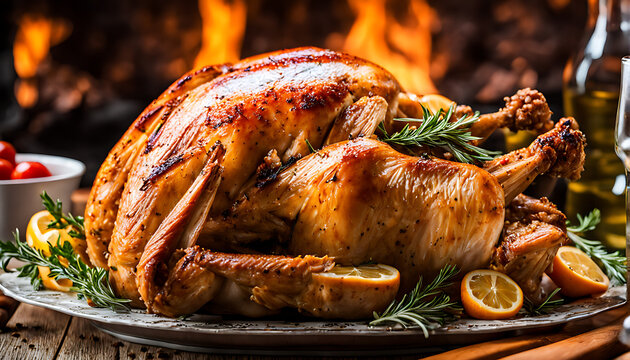 close up of a roasted turkey with herbs