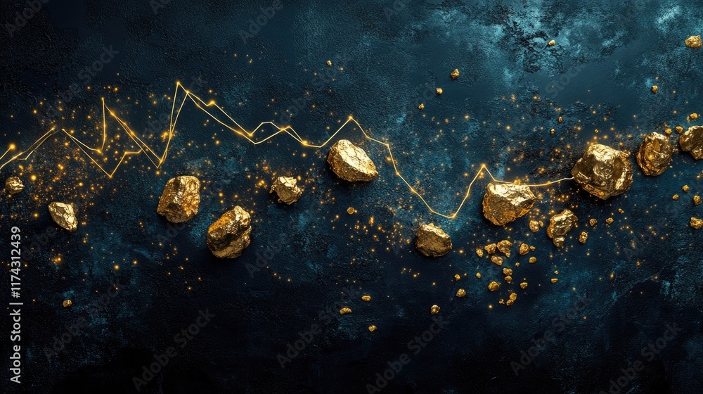 Poster a collection of gold nuggets displayed on a dark surface, with a fluctuating line graph overlay, sym