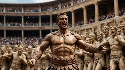 A dynamic wooden statue of Spartacus, depicted mid-swing with a gladius in hand, surrounded by carvings of the Roman arena crowd cheering.